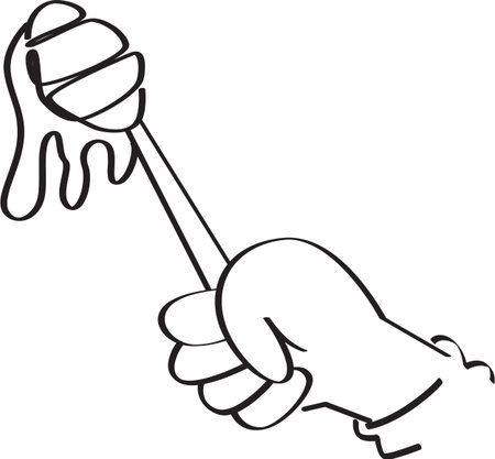 Black and White Outline of a Hand Holding a Honey Dipper Dripping Honeyのイラスト素材