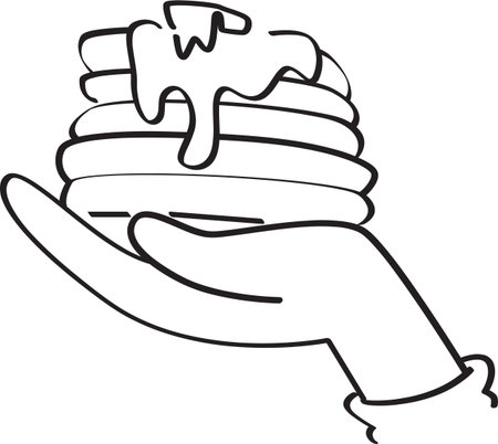 Black and White Outline of a Hand Holding a Stack of Pancakesのイラスト素材