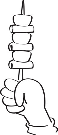Black and White Outline of a Hand Holding Satay (Skewered Grilled Meat)のイラスト素材