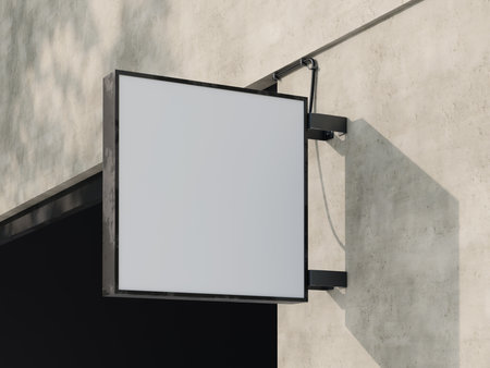 Square Blank White Outdoor Store Logo Signage Mockup 3D Render on Wallの写真素材