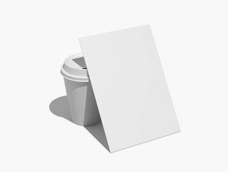 Vertical Menu Card Mockup 3D Render Leaning Against a White Coffee Cup on a white Background.の写真素材