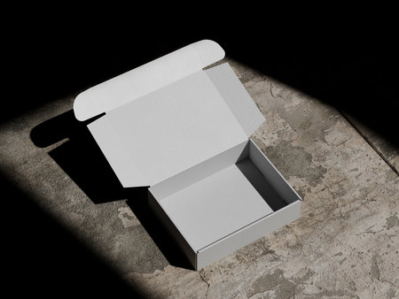 Open Packaging Box Mockup 3D Render Show One White Rectangular Cardboard Box Angled on a Concrete Floor.の写真素材