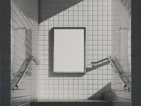 Blank White Vertical Poster Billboard Mockup 3D Rendering On A Tiled Subway Stairway Wallの写真素材