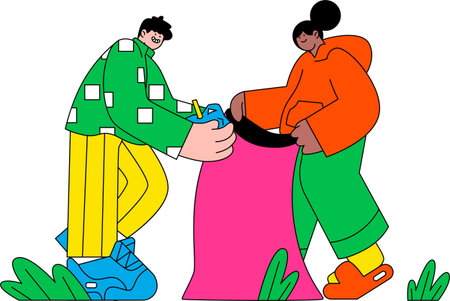 Boy and Girl Cleaning Scattered Rubbish Illustration - Waste Cleanupのイラスト素材
