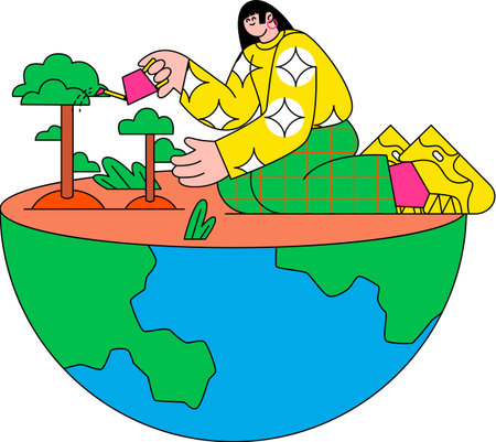 Girl Watering Tree on Earth with Watering Can Illustration - Nurturingのイラスト素材