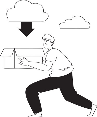 Clouds Emit Downward Arrows, People Receive in Cardboard Boxes Illustration - Download & Deliveryのイラスト素材