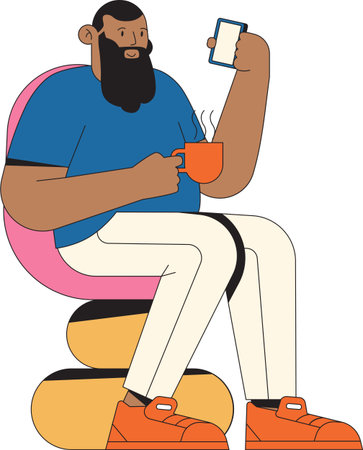 flat vector man drinking coffee using social media illustrationのイラスト素材