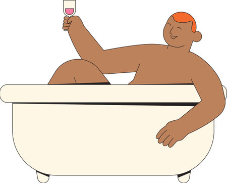 flat vector relaxing bathtub drinking wine illustrationのイラスト素材