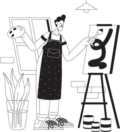 man using a brush to paint abstract art on canvasのイラスト素材