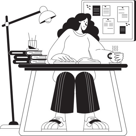 man reading a book with a cup of coffee illustrationのイラスト素材