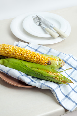 Fresh corn on the kitchen tableの写真素材