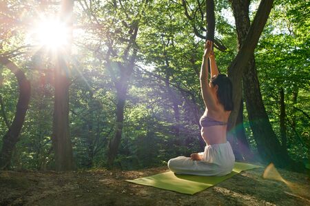 A woman is meditating alone at dawn. Nature background. A woman practices yoga alone in the forest. Back view. Spiritual Travel Relaxation Lifestyle Concept. Harmony with nature.の写真素材