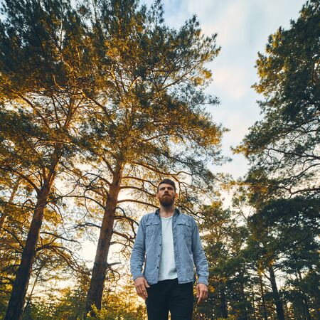 Lone man in forest. Young bearded man in the forest goes forward Square wide shot Bearded man walks in the amazing autumn forest. Hiking alone along autumn forest. Travel concept.の写真素材