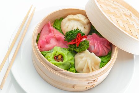 Dim Sum in Bamboo Steamed Bowl close upの写真素材