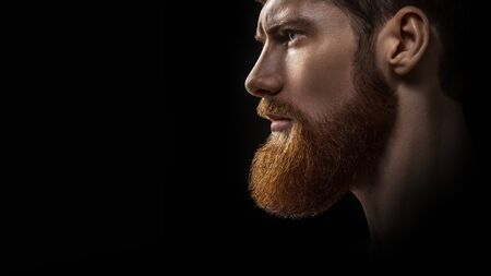 Croped shot of young bearded caucasian male model dramatic light studio shot. Grooming and barbershop commercial adv concept copy free space backgroundの写真素材