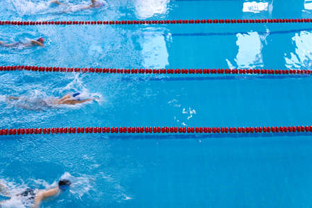 Young swimmers competition. Unidentified young swimmers. Concept of a healthy lifestyle among the young generation. Swimmers in motion slightly blurredの写真素材