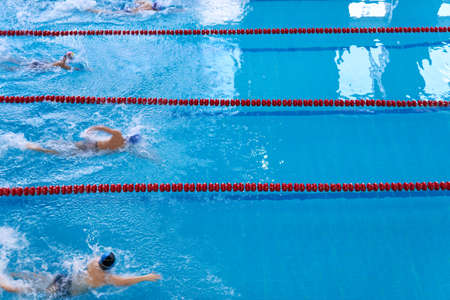Children swim in the pool. Young swimmers competition. Unidentified young swimmers. Top view shot. The concept of a healthy lifestyle among the young generationの写真素材