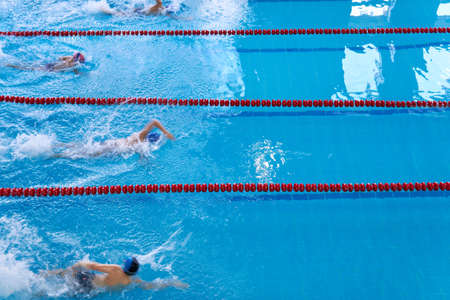 Unidentified young swimmers. Young swimmers competition. Children swim in the pool. Top view shot. The concept of a healthy lifestyle among the young generationの写真素材