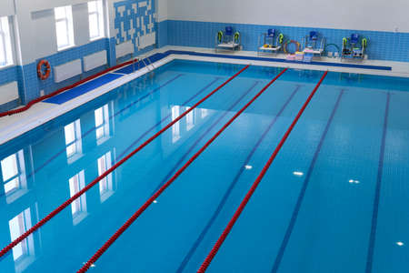 Swimming pool. Empty tracks races of a sports swimming pool. Top viewの写真素材