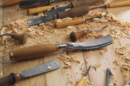 Carpenter wood carving equipment. Woodworking, craftsmanship and handwork conceptの写真素材