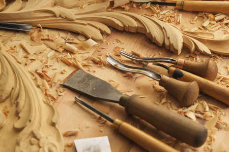 Carpenter wood carving equipment. Woodworking, craftsmanship and handwork conceptの写真素材