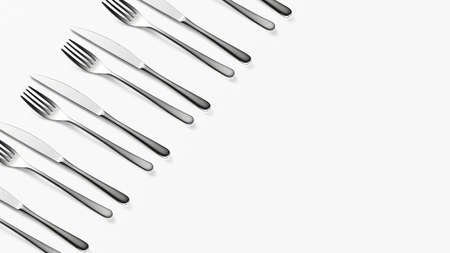 Set Cutlery Pattern of Fork and knife on white top view Stylish classy elegant metallic eating knife and fork cutlery for dining kitchen utensilsの写真素材