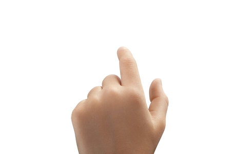 Childs left hand fist with index finger pointing up. Clipping path.の写真素材