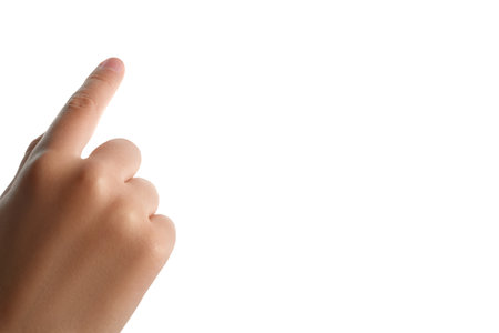 Childs right hand touching or pointing. Cropped photo of hand with copy space, clipping path.の写真素材