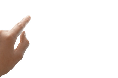 Hand hold. Sign and gesture. Photo of a childs left hand isolated on white with clipping path and copy free space on right.の写真素材