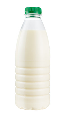 One liter of milk or milk products in a plastic bottle isolated on white background Clipping path.の写真素材