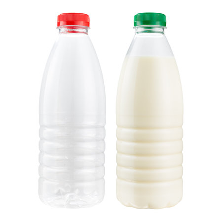 Set of two empty plastic bottles and full plastic bottle of milk or milk products isolated on white background Clipping path.の写真素材