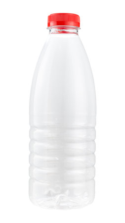 One liter plastic bottle with red lid for dairy products isolated on white background Clipping path.の写真素材