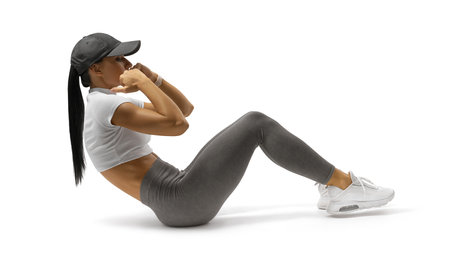 Slim fitness woman pumping abs muscles, press. Strong fitnesswoman isolated on white. Muscular woman doing abs workout.の写真素材