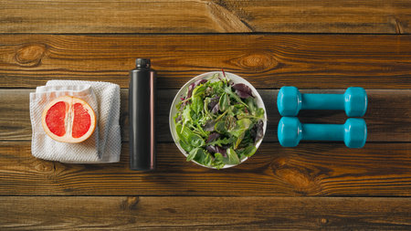Different items for fitness top view. Diet, Exercise, Fitness, and Working out background.の写真素材