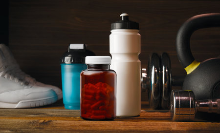 Pills of vitamins, sports supplements in a translucent jar without a label on the background of sports equipment.の写真素材