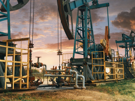 Working oil pumps against a sunset sky. A nodding donkey rig pumps crude up from the ground on an oil field.の写真素材