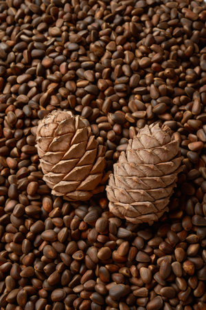 Texture of cedar or pine nuts and two ripes in center, vartical orientation close-up.の写真素材