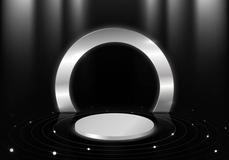 Abstract silver white 3d display template podium artwork. Overlapping with circles pattern background. Illustration vectorのイラスト素材