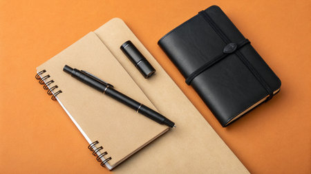 notebook,pen,orange,view,flat,lay,paper,office,business,work,desk,table,top,blank,write,note,study,education,school,learning,knowledge,creative,idea,inspiration,design,art,craft,vintage,retro,style,texture,surface,copy,space,mockup,template,journal,diary,organizer,plannerの素材