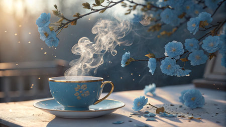 teacup,steam,flower,morning,tea,cup,saucer,drink,beverage,hot,warm,aroma,fragrance,plant,blossom,bloom,petal,branch,nature,spring,summer,garden,table,porcelain,ceramic,blue,gold,decoration,ornament,design,style,vintage,retro,elegant,art,still,life,nobody,closeup,outdoorの素材