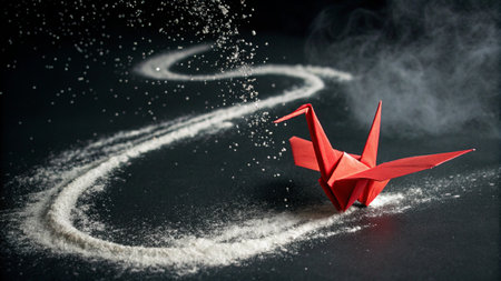 origami,crane,black,powder,paper,art,craft,fold,red,design,shape,symbol,japanese,culture,tradition,bird,animal,fly,wing,peace,hope,luck,fortune,beauty,elegant,minimal,studio,still,life,concept,creative,abstract,graphic,element,decoration,ornament,detail,closeup,macro,surfaceの素材