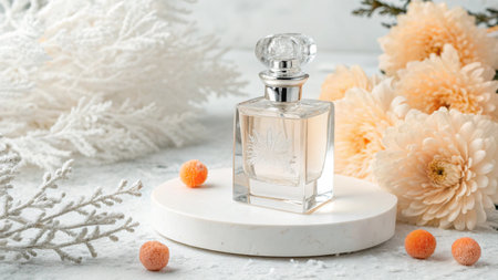 perfume,bottle,flower,fragrance,beauty,cosmetic,glass,aroma,luxury,scent,floral,product,fashion,elegant,style,design,still,life,composition,decoration,branch,pom,podium,closeup,table,mockup,copy,space,nobody,round,shape,crystal,clear,liquid,fresh,spring,minimal,flat,lay,aestheticの素材