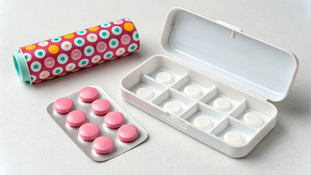 pill,pillbox,blister,pack,medicine,medication,tablet,capsule,drug,pharmacy,pharmaceutical,healthcare,health,treatment,disease,illness,supplement,vitamin,prescription,dose,container,box,organizer,storage,plastic,pink,aluminum,foil,pattern,colorful,round,shape,arrangement,still,life,nobody,closeup,studio,shot,medicalの素材