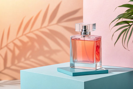 Perfume bottle on turquoise and pink podium with palm leaves shadowの素材