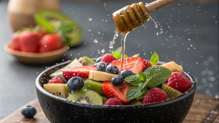 Fresh fruit salad with strawberry, blueberry, kiwi, banana and honeyの素材