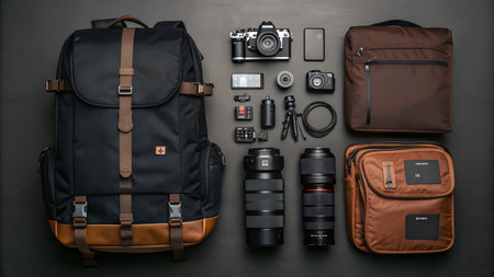 Set of travel equipment on black background. Top view. Flat layの素材