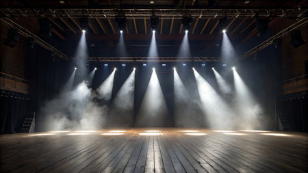 Stage lights with smoke and spotlights, stage lighting in the darkの素材
