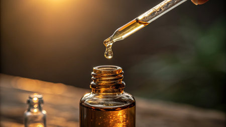 Dropper of essential oil with pipette on a wooden table.の素材
