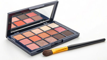 eyeshadow palette and make up brush isolated on a white backgroundの素材