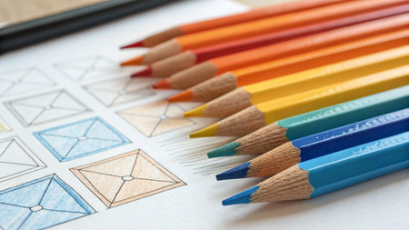 Colorful pencils on white sheet of paper, close-upの素材